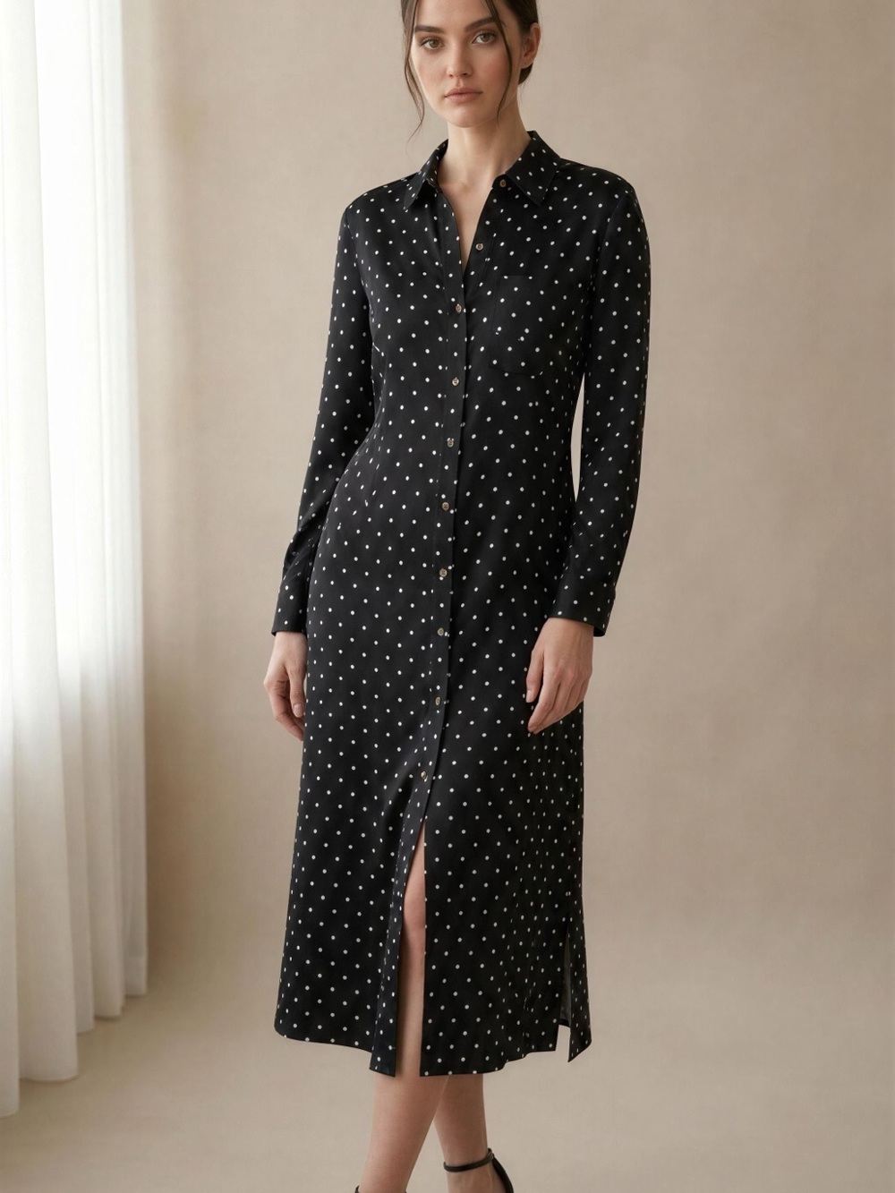 Zara Black Polka Dot Long Sleeve Button-Front Midi Dress